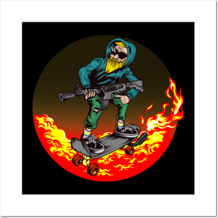 Man Riding on Armed Skateboard Illustration Posters and Art